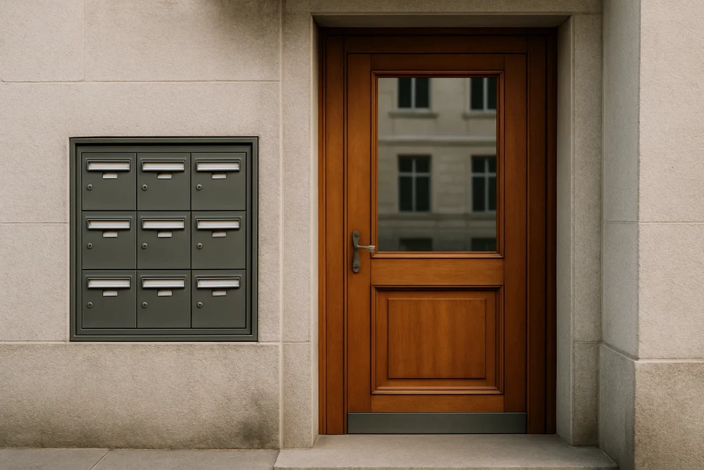 Vue d'une porte d'entrée d'immeuble avec boîte aux lettres, lumière du jour