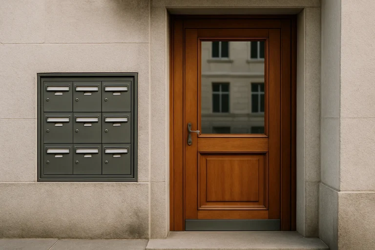 Vue d'une porte d'entrée d'immeuble avec boîte aux lettres, lumière du jour