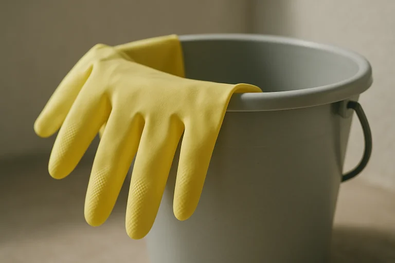 Gants de nettoyage en latex sur un seau, lumière naturelle, texture visible