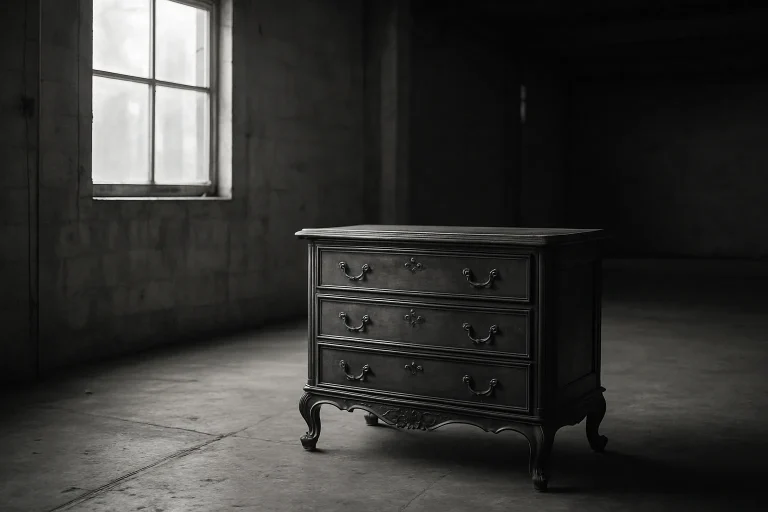 Un meuble ancien dans un entrepôt vide éclairé par la lumière du jour
