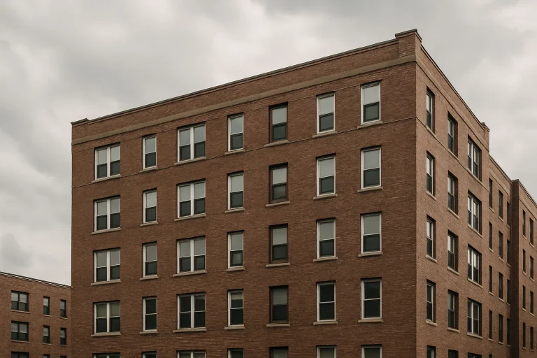 Façade d'un immeuble urbain sous un ciel nuageux, liée à la découverte d'un corps