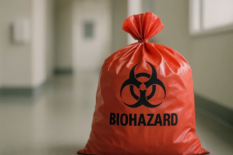 Gros plan d'un sac rouge marqué biohazard, utilisé pour des déchets à risque