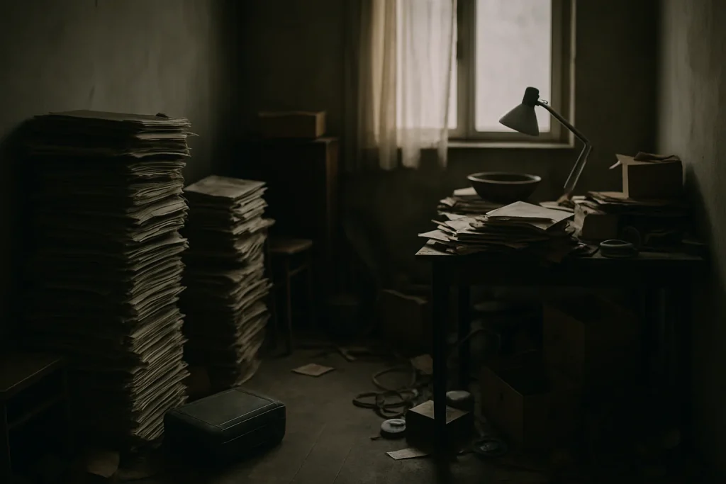 Pièce encombrée avec piles de journaux et objets divers, lumière tamisée