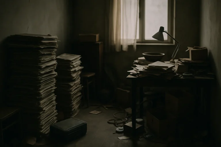 Pièce encombrée avec piles de journaux et objets divers, lumière tamisée
