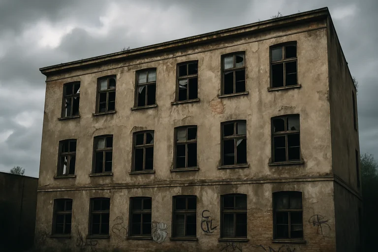 Façade d'un immeuble délabré avec fenêtres cassées et tags visibles