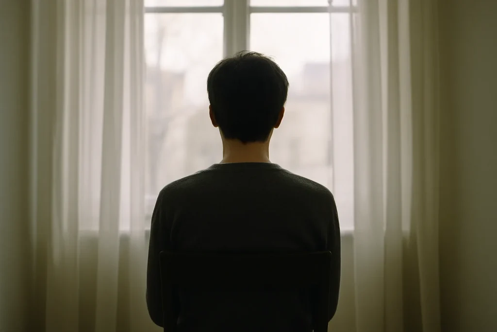 Silhouette de dos d'une personne assise face à une fenêtre, lumière douce.