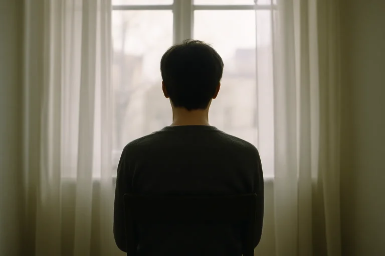 Silhouette de dos d'une personne assise face à une fenêtre, lumière douce.