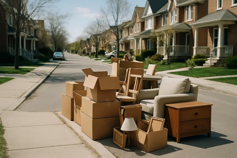 Scène de tri d'objets avec des cartons et meubles sur un trottoir.